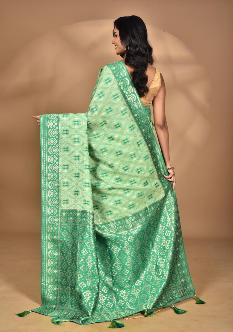 Light Green Kashmiri Saree Linen Saree Set