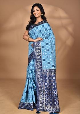 Sky Blue Kashmiri Saree Linen Saree Set