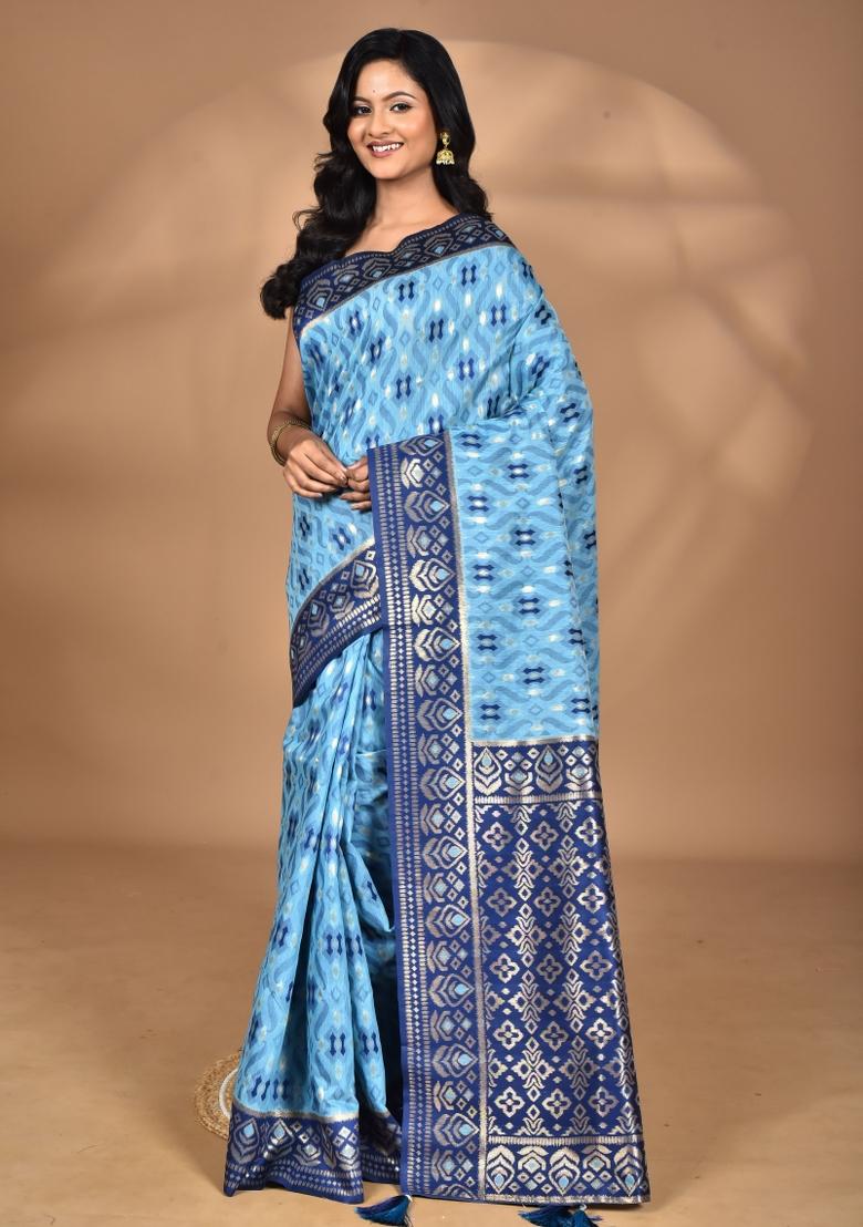 Sky Blue Kashmiri Saree Linen Saree Set