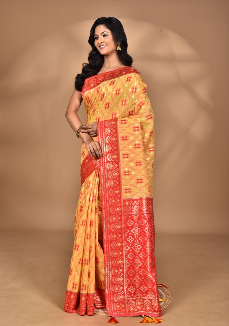Yellow Kashmiri Saree Linen Saree Set
