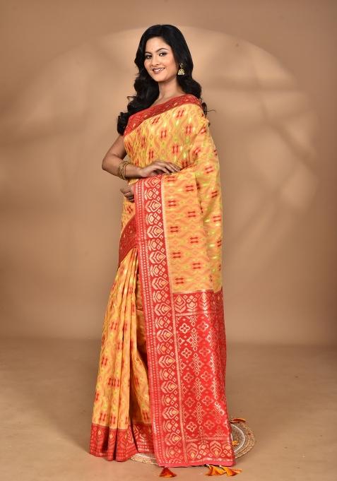 Yellow Kashmiri Saree Linen Saree Set