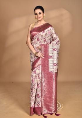 Cream Chandari Silk Chanderi Saree Set