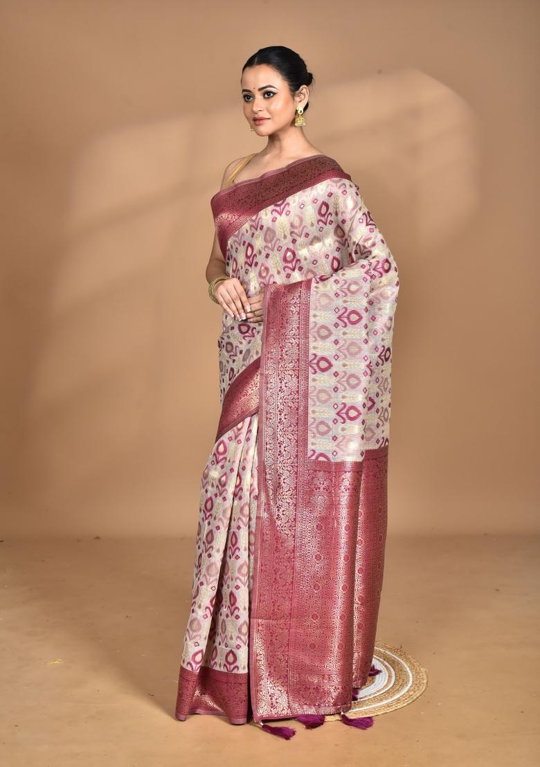 Cream Chandari Silk Chanderi Saree Set