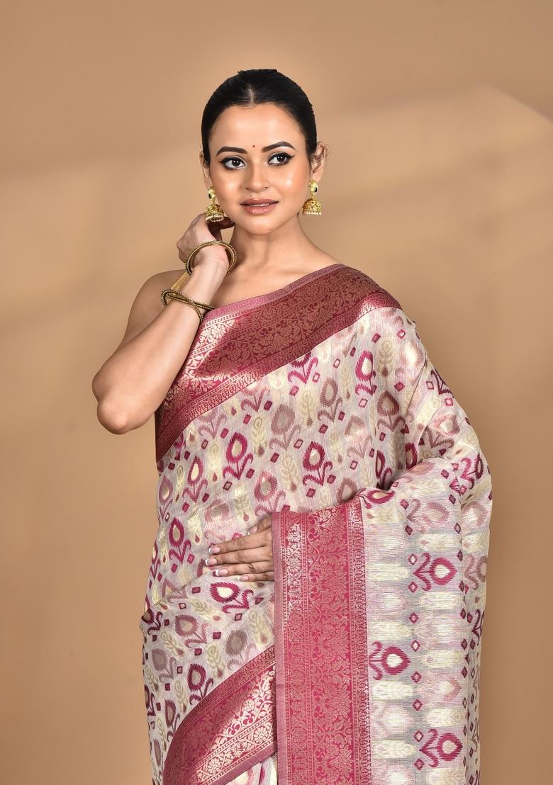 Cream Chandari Silk Chanderi Saree Set