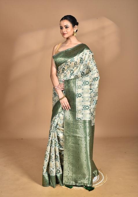 Green Chandari Silk Chanderi Saree Set