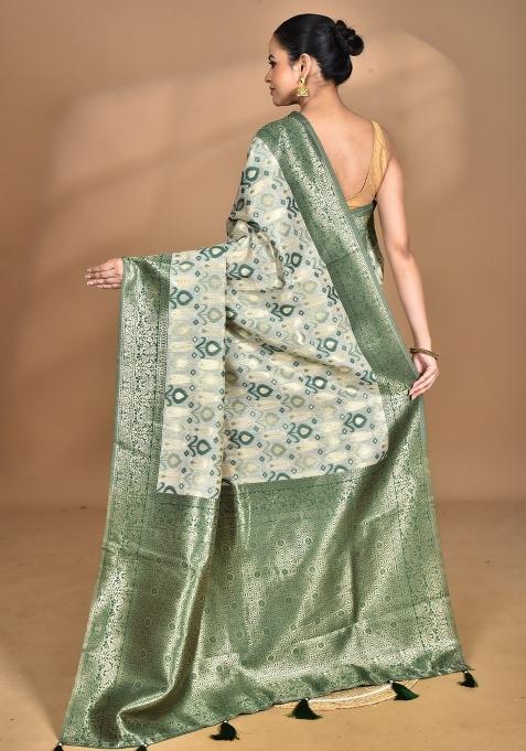 Green Chandari Silk Chanderi Saree Set