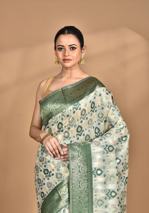 Green Chandari Silk Chanderi Saree Set