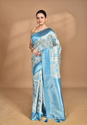 Blue Chandari Silk Chanderi Saree Set