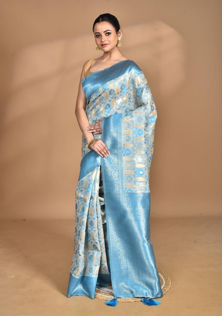 Blue Chandari Silk Chanderi Saree Set