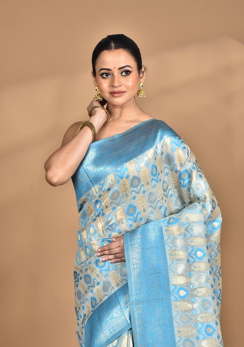 Blue Chandari Silk Chanderi Saree Set