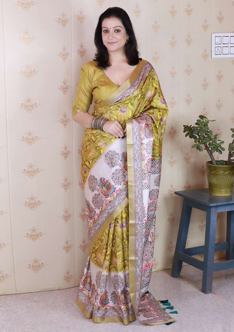 Yellow Printed Tussar Silk Saree Set - Indya