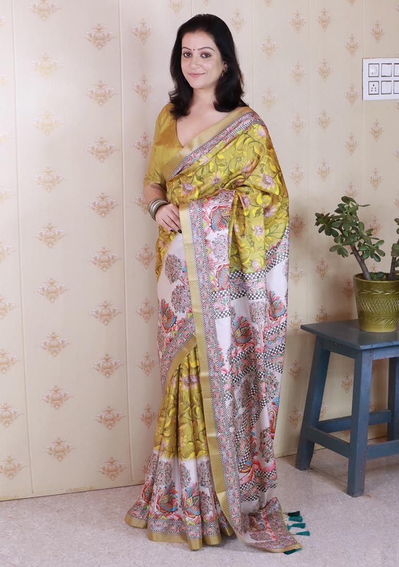 Yellow Printed Tussar Silk Saree Set