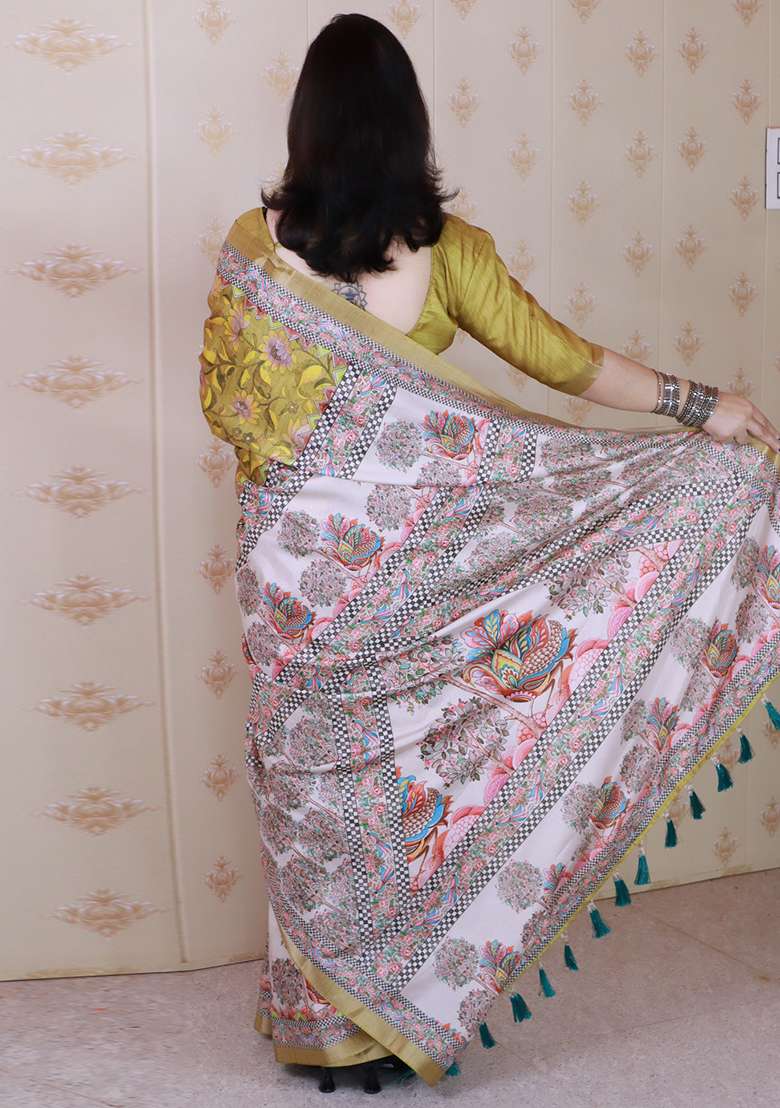 Yellow Printed Tussar Silk Saree Set - Indya