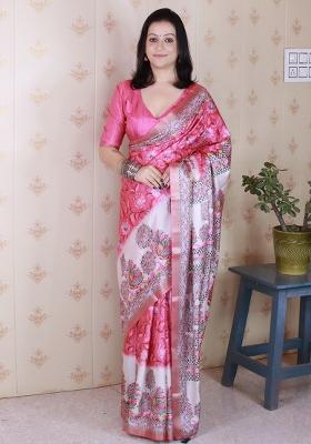 Pink Printed Tussar Silk Saree Set