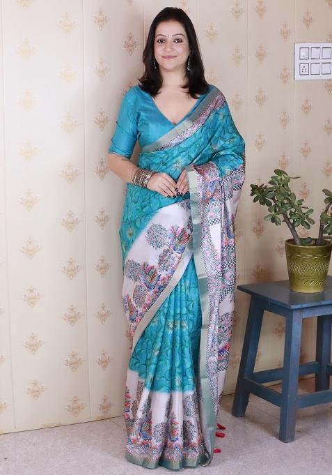Sea Green Printed Tussar Silk Saree Set