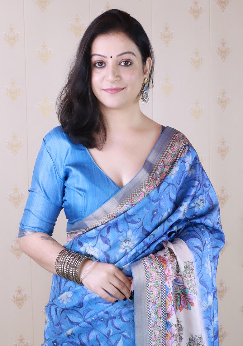 Blue Printed Tussar Silk Saree Set