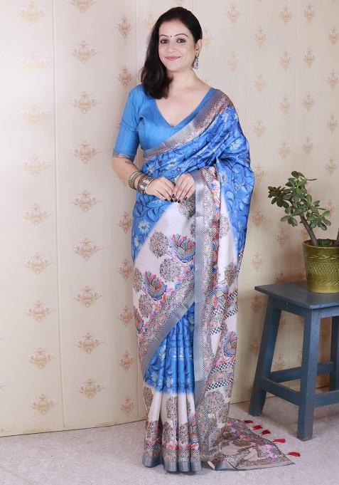 Blue Printed Tussar Silk Saree Set