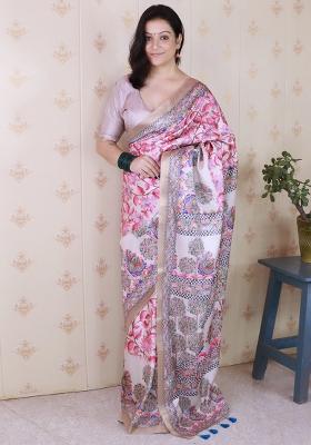 Grey Printed Tussar Silk Saree Set