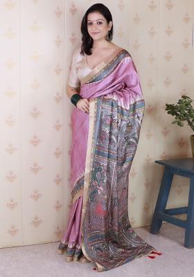 Purple Printed Tussar Silk Saree Set