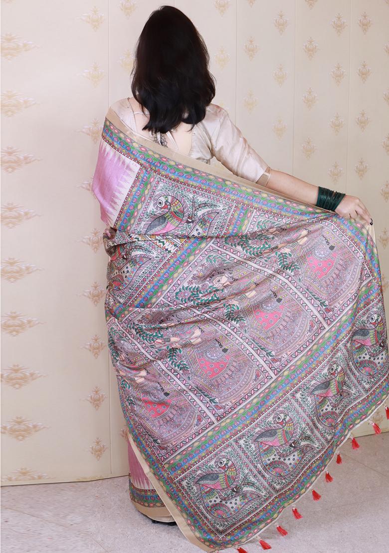 Purple Printed Tussar Silk Saree Set