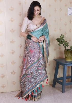 Green Printed Tussar Silk Saree Set