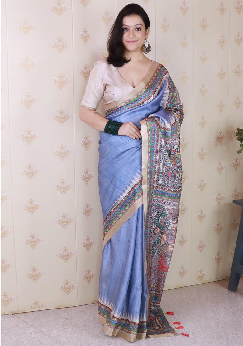 Grey Printed Tussar Silk Saree Set