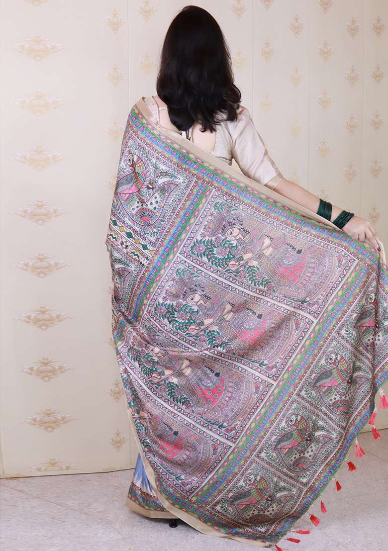 Grey Printed Tussar Silk Saree Set - Indya