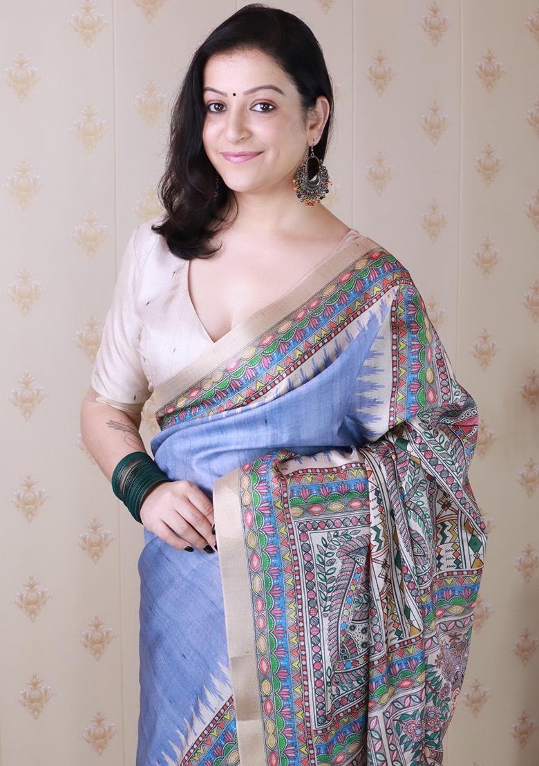 Grey Printed Tussar Silk Saree Set