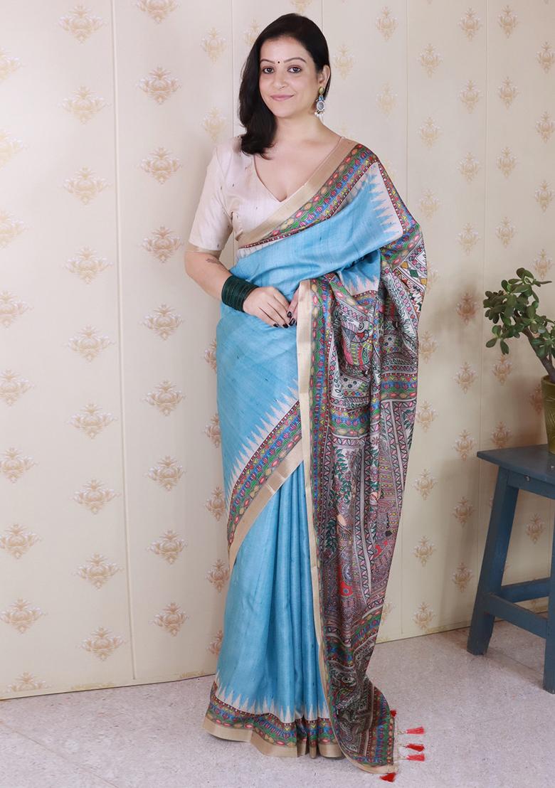 Blue Printed Tussar Silk Saree Set