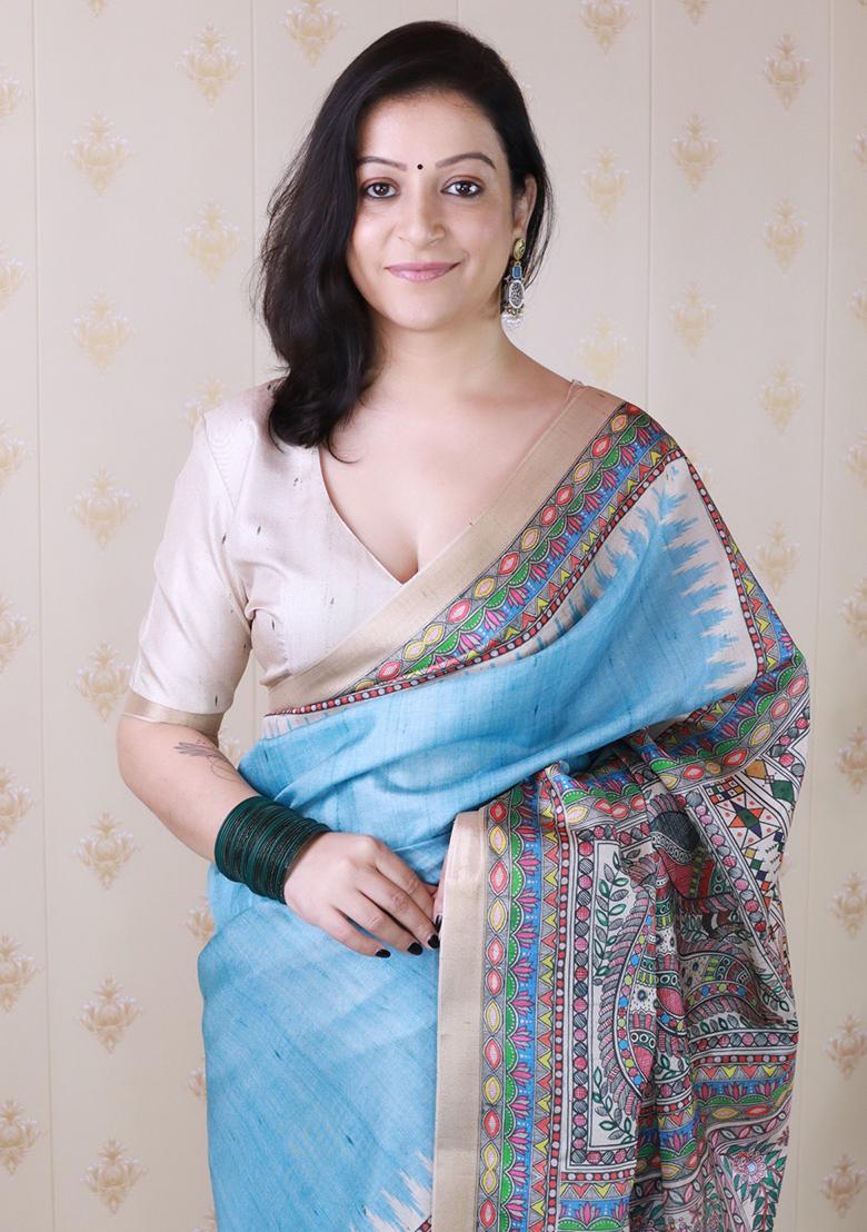 Blue Printed Tussar Silk Saree Set