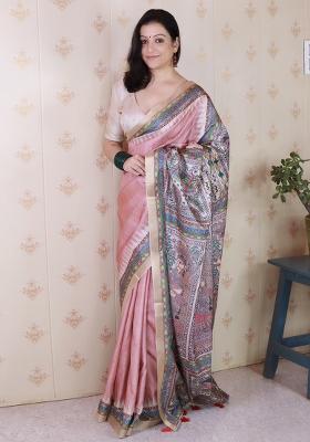 Pink Printed Tussar Silk Saree Set