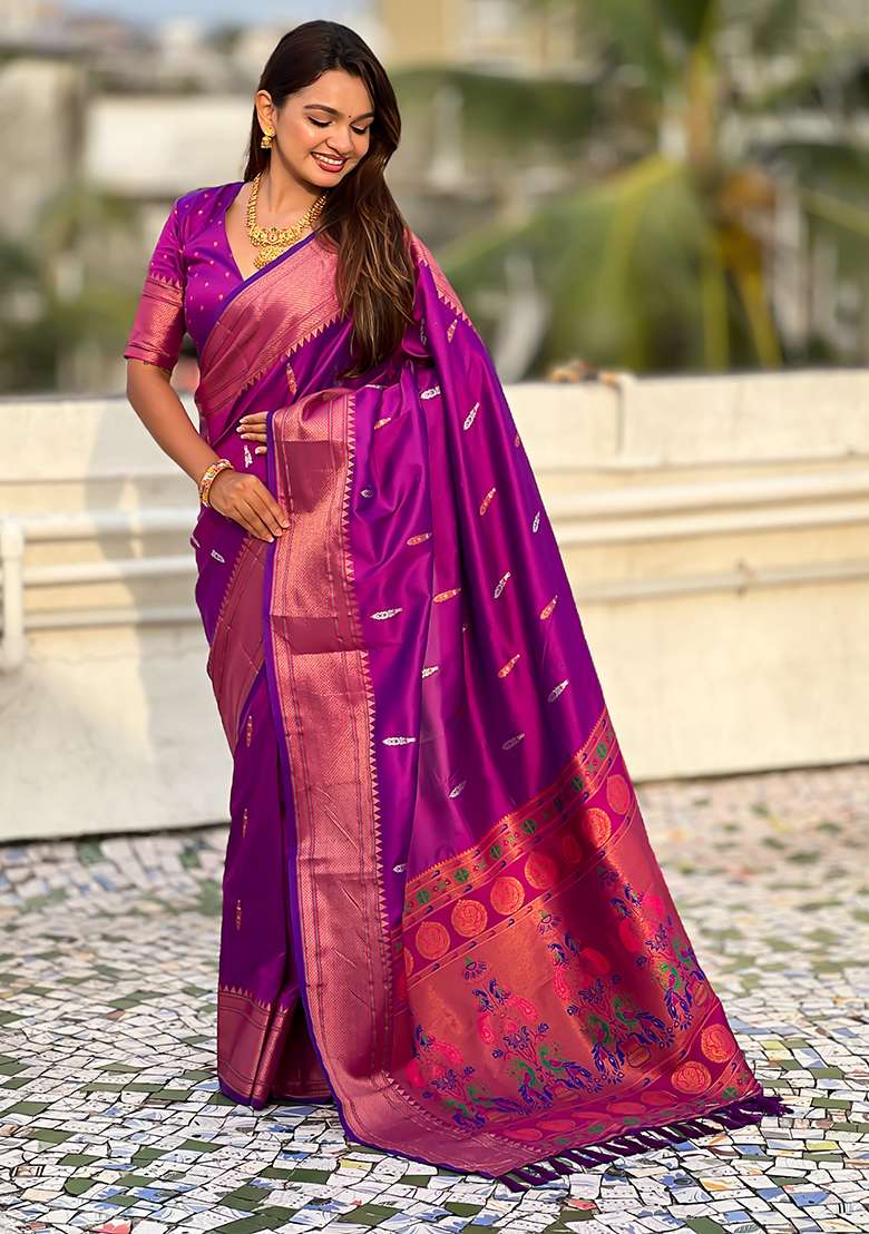 Purple Wevon Soft Silk Saree Set - Indya