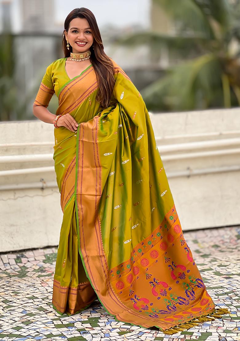 Parrot Green Wevon Soft Silk Saree Set
