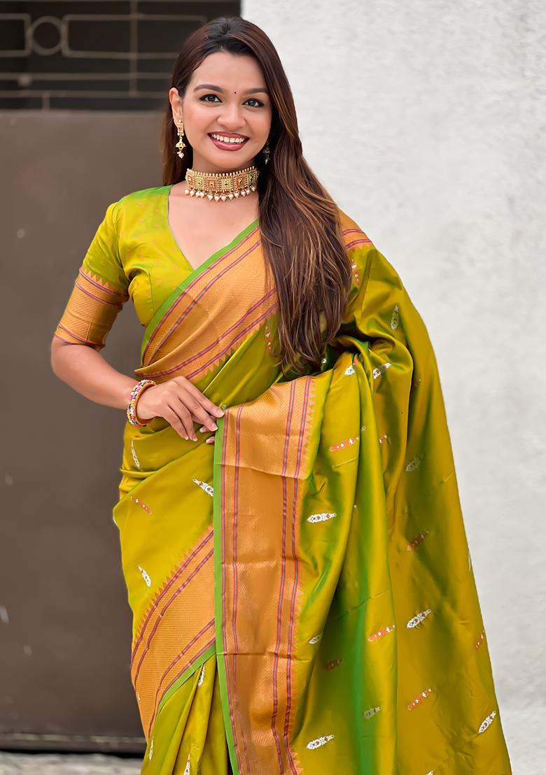 Parrot Green Wevon Soft Silk Saree Set