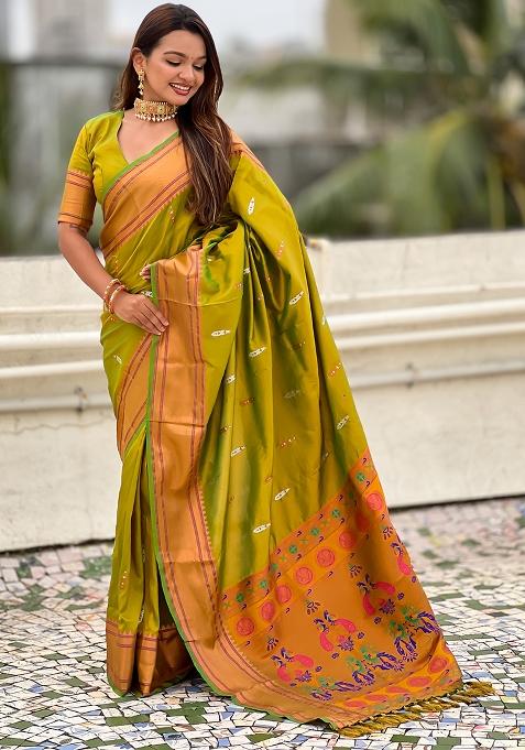 Parrot Green Wevon Soft Silk Saree Set