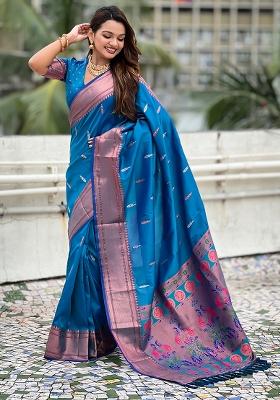 Sky Blue Wevon Soft Silk Saree Set