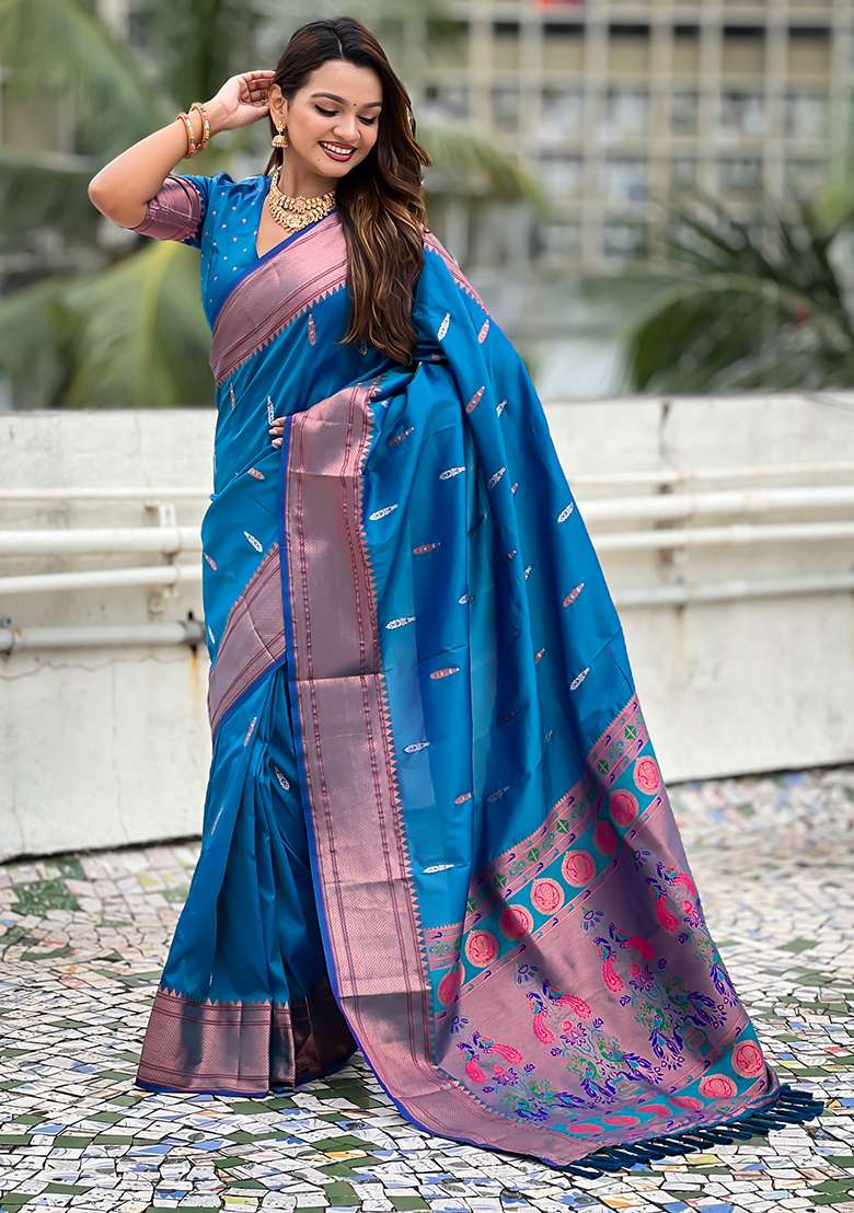 Sky Blue Wevon Soft Silk Saree Set - Indya