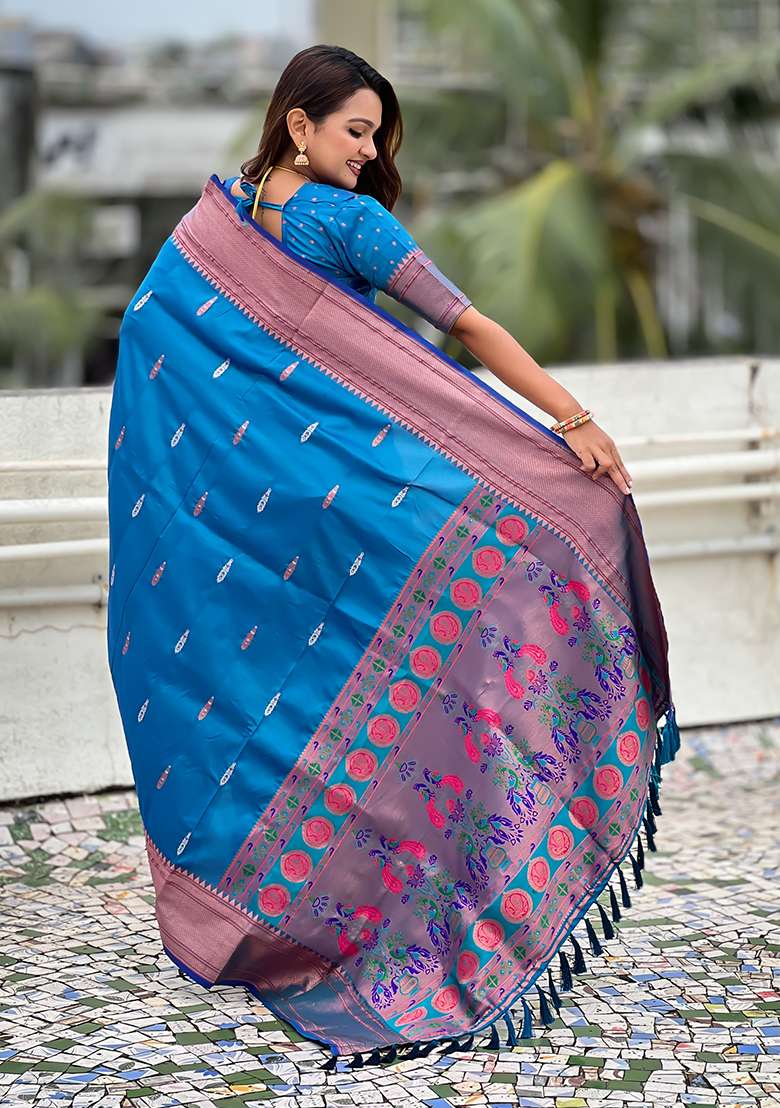 Sky Blue Wevon Soft Silk Saree Set - Indya