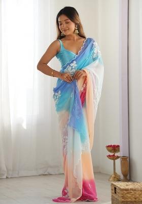 Sky Blue Embroidered Georgette Saree Set