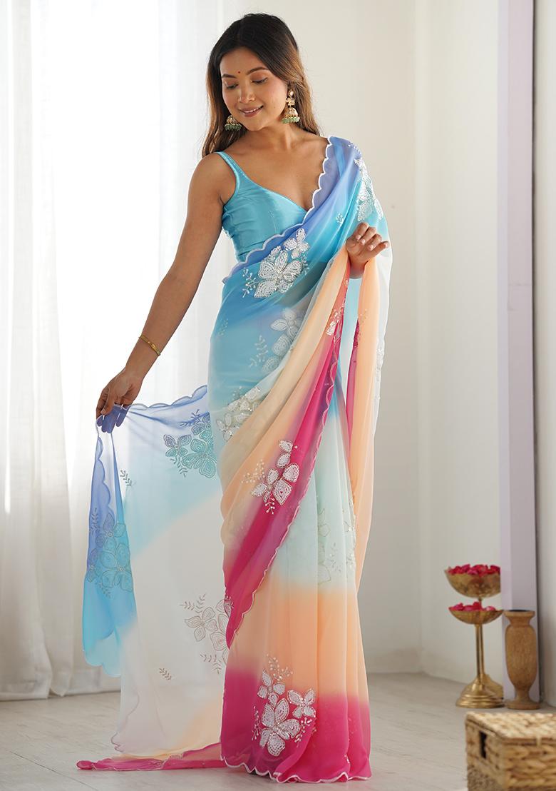 Sky Blue Embroidered Georgette Saree Set
