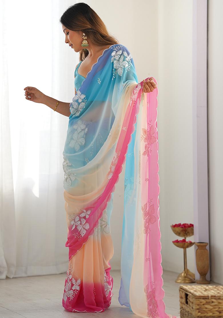 Sky Blue Embroidered Georgette Saree Set