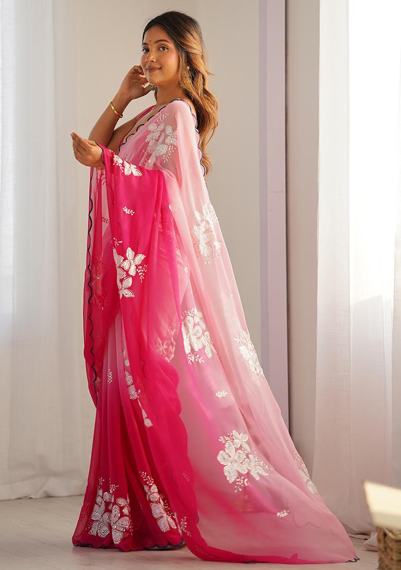 Pink Embroidered Georgette Saree Set