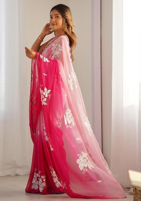 Pink Embroidered Georgette Saree Set