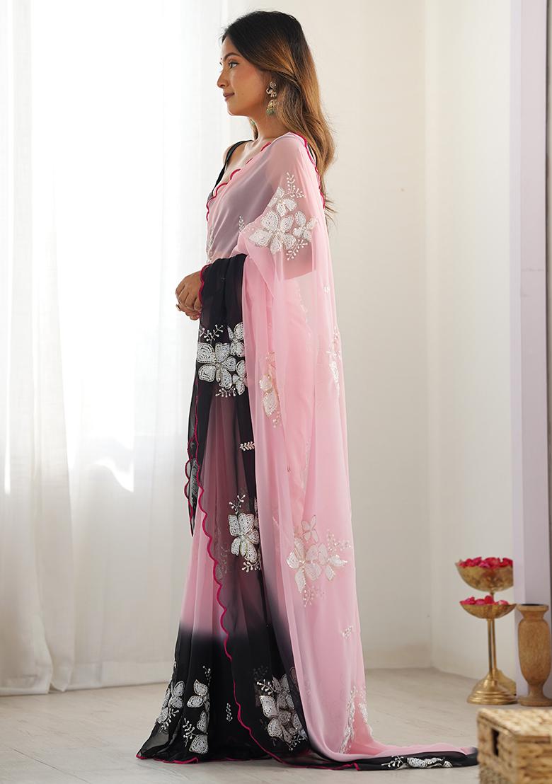 Pink Embroidered Georgette Saree Set