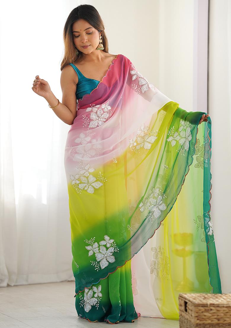 Green Embroidered Georgette Saree Set