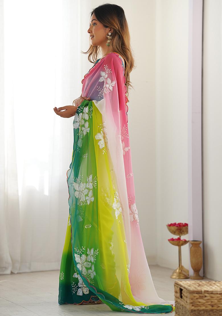 Green Embroidered Georgette Saree Set