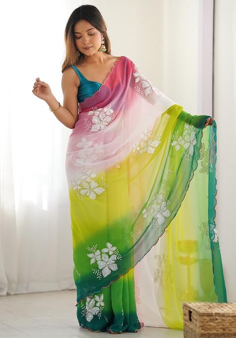 Green Embroidered Georgette Saree Set