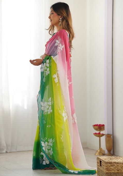 Green Embroidered Georgette Saree Set