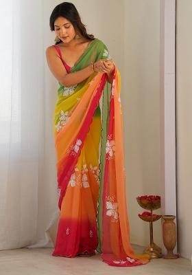 Yellow Embroidered Georgette Saree Set