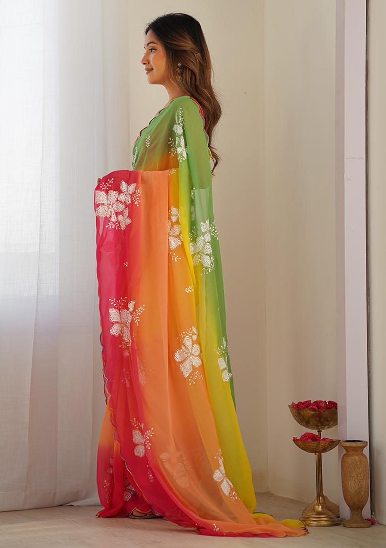 Yellow Embroidered Georgette Saree Set